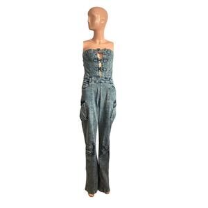 Impulsive M Blue Denim Sleeveless Strapless Utility Jumpsuit Romper Y2K Festival